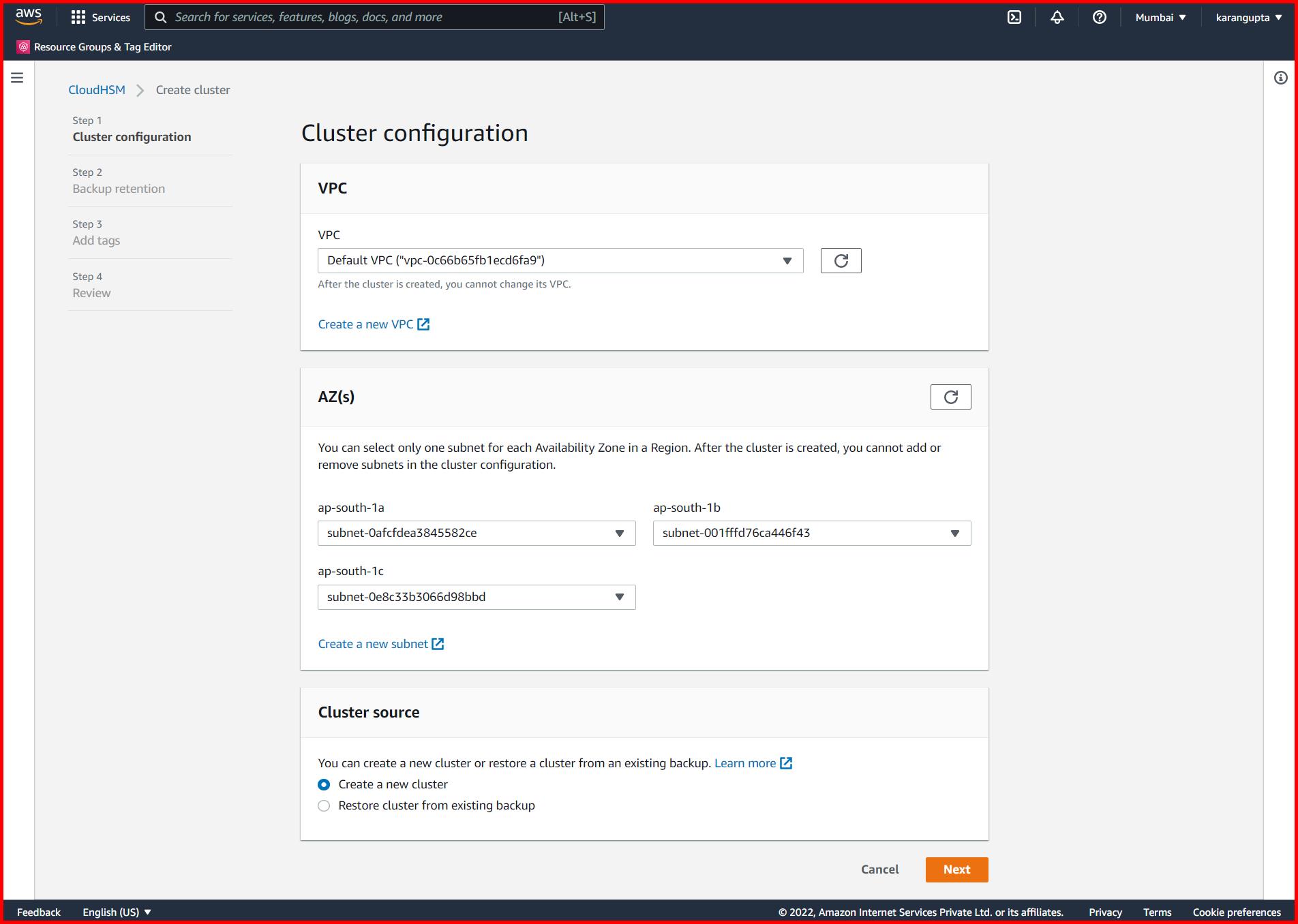 Picture showing the create cluster screen in aws console